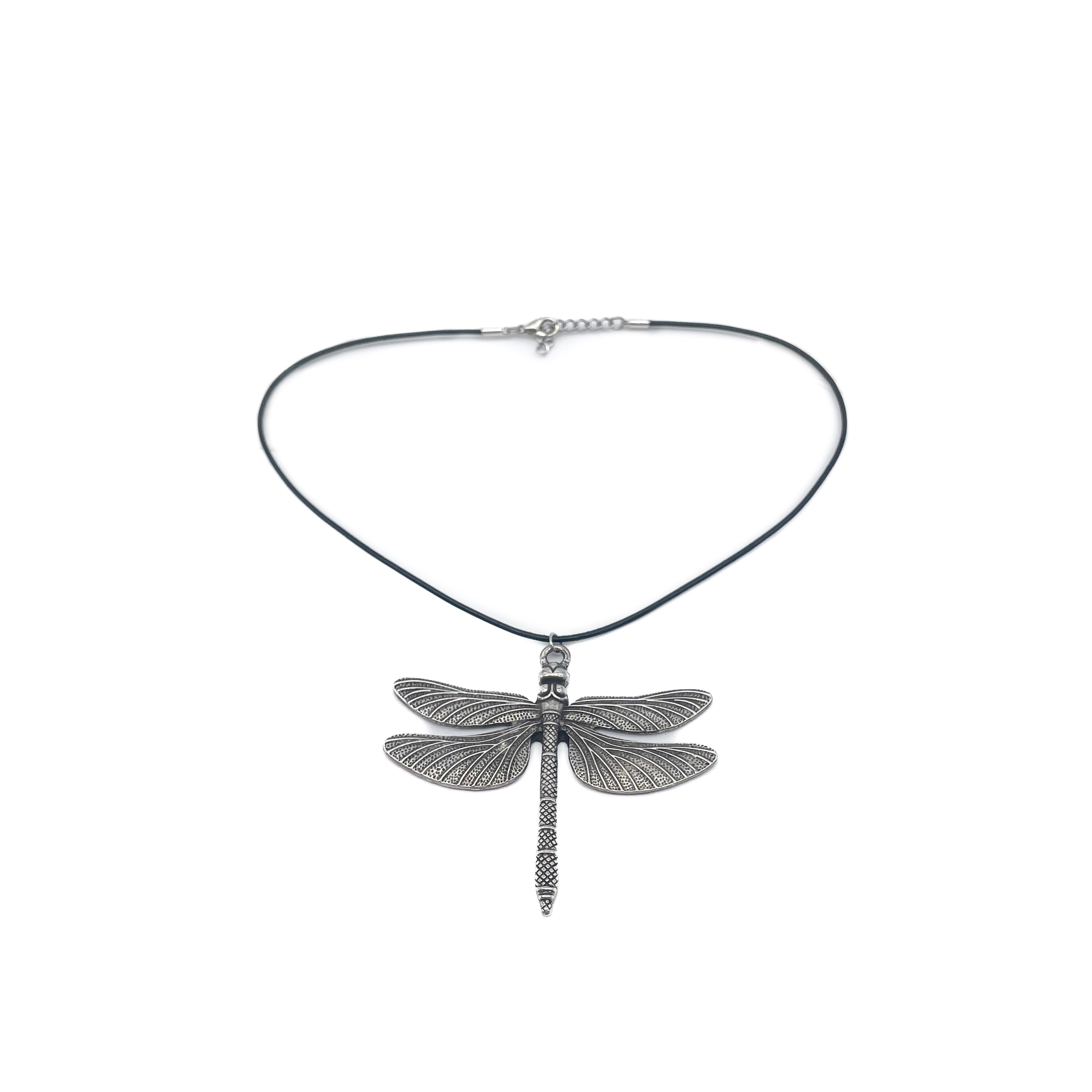 Dragonfly Necklace with black leather strap and large antique silver dragonfly pendant, Streets Ahead