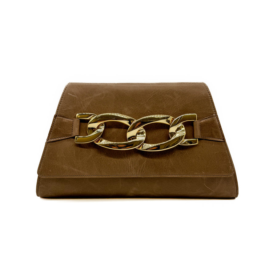 Brenna Clutch - Distressed Italian Cognac Leather With Chain Detail Handbag - Streets Ahead