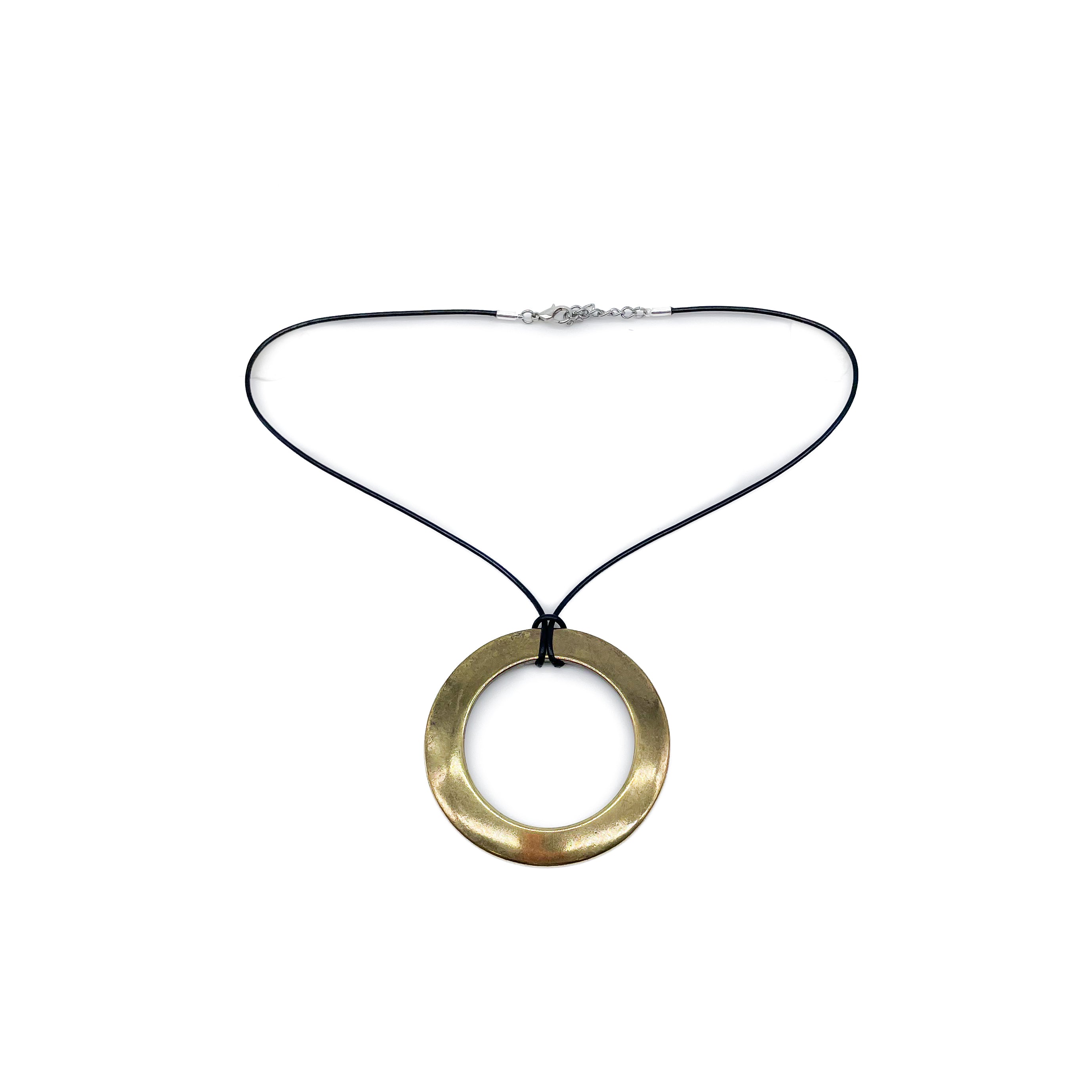 Zara Necklace Brass with black cord and brass circular pendant, Streets Ahead