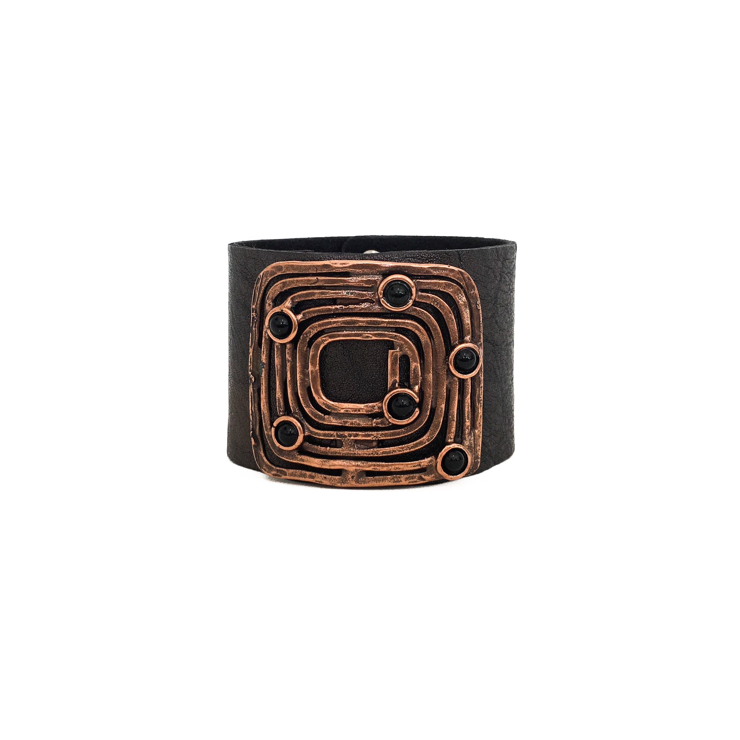 Presley Cuff - Black Leather Wide Bracelet Copper Hardware - Streets Ahead