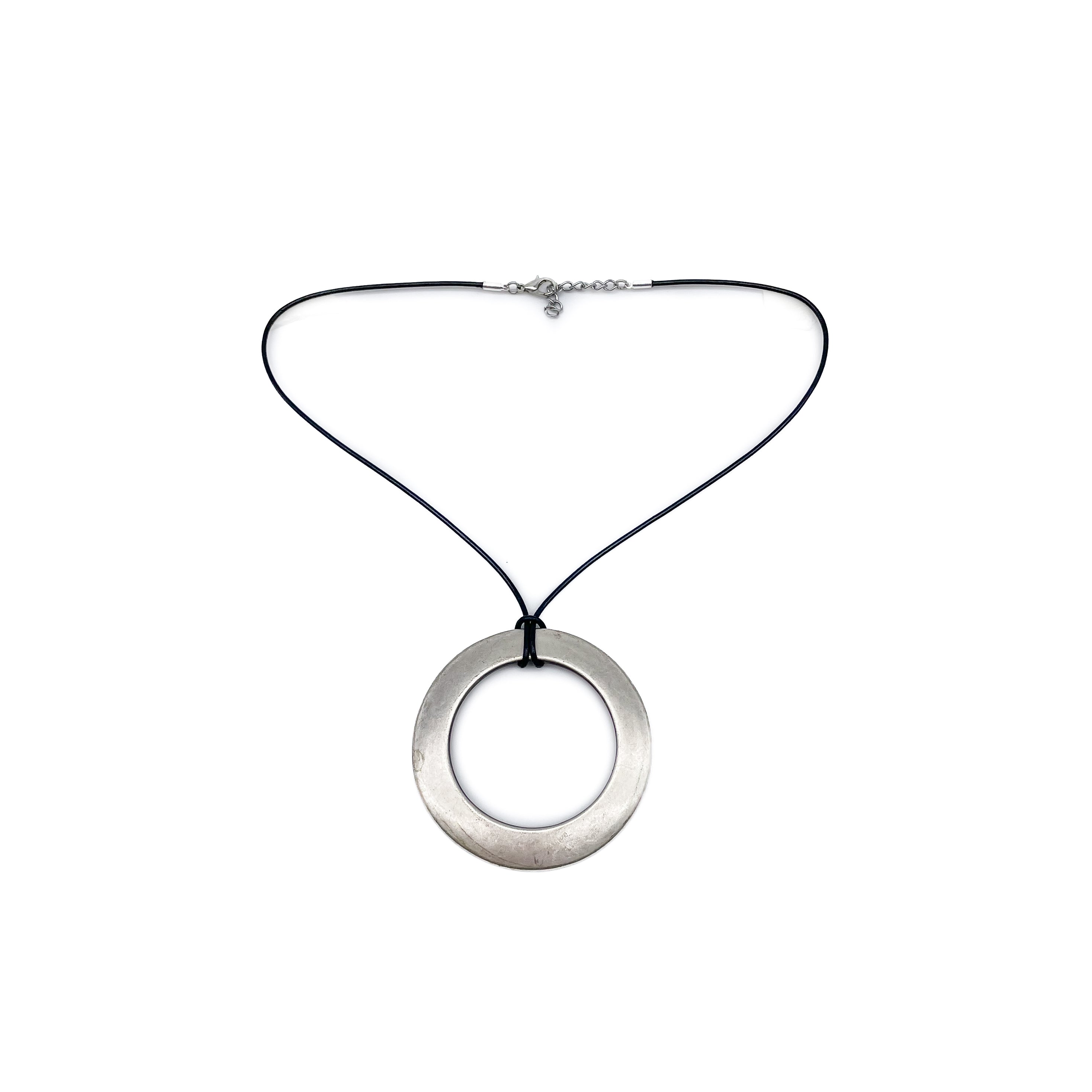 Zara Necklace Silver with black cord and silver circular pendant, Streets Ahead