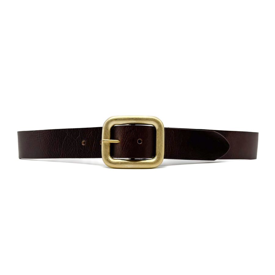 Natalia Belt - Chocolate Brown Leather Gold Rectangular Buckle - Streets Ahead