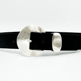 Soren Belt - Chic Black Italian Leather Belt Modern Western Silver Buckle - Streets Ahead