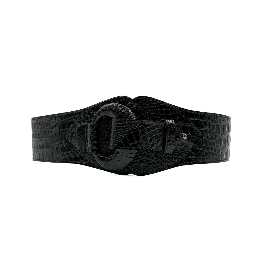 Harper - Black Croc-Embossed Italian Leather Waist Belt - Streets Ahead