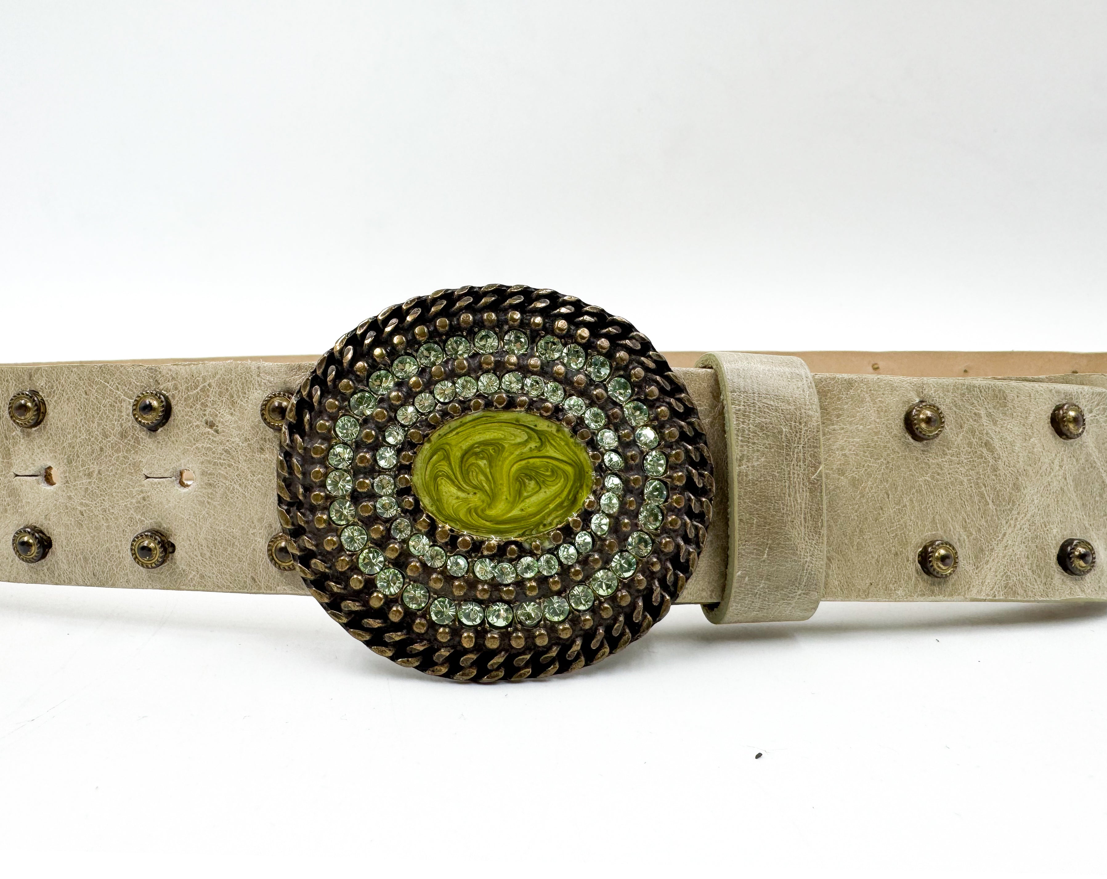 Gisselle Belt - Light Green y2k Leather Belt Brass Crystal Buckle - Streets Ahead