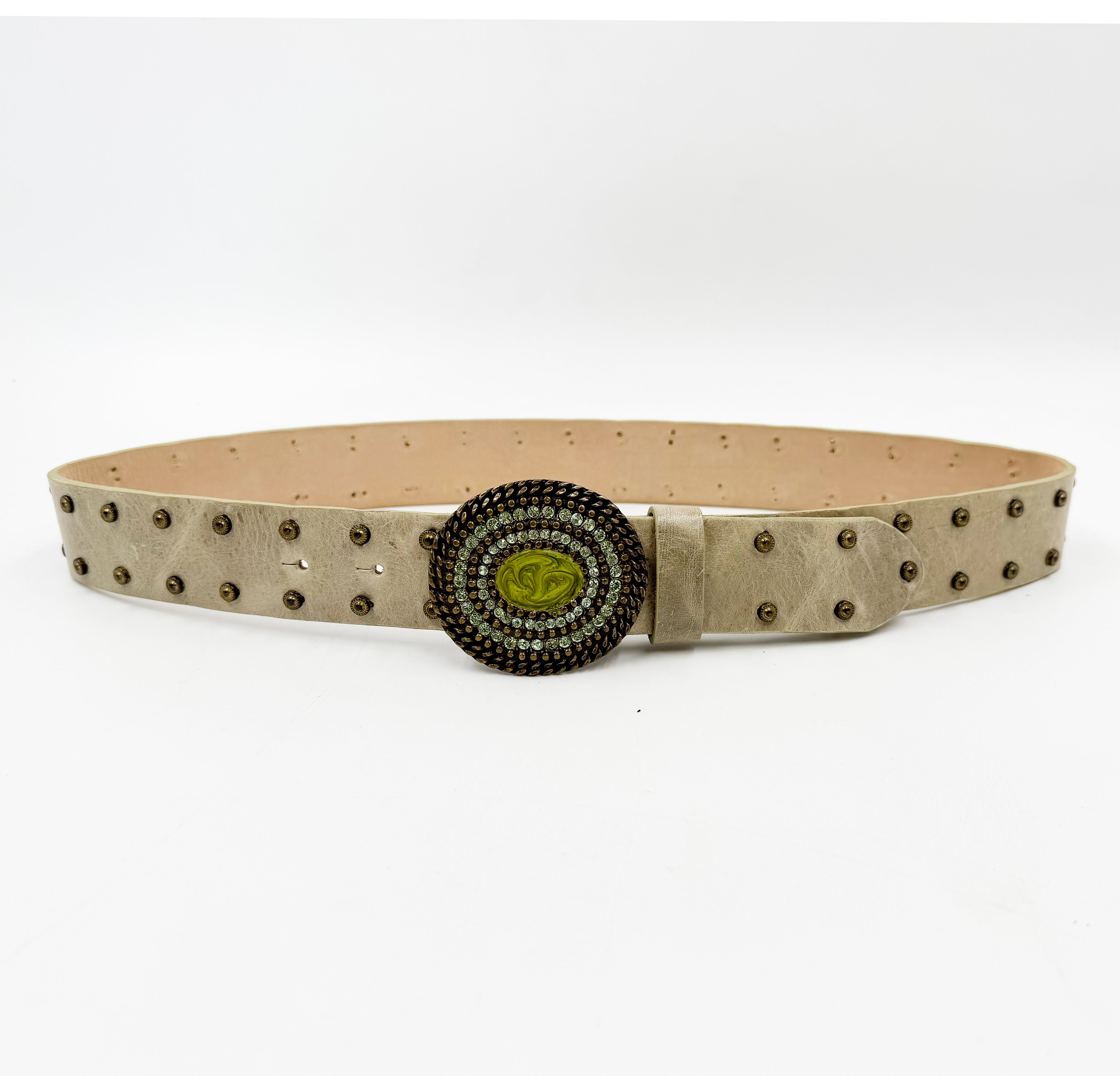 Gisselle Belt - Light Green y2k Leather Belt Brass Crystal Buckle - Streets Ahead
