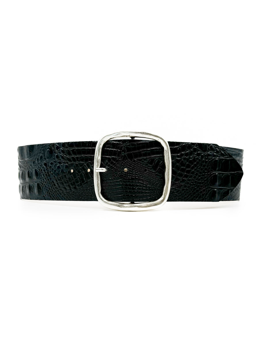 Marley Waist Belt – black croc-embossed calfskin leather belt with wide design and hammered silver square center bar buckle - Streets Ahead