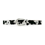 Black and white cow print calf hair leather belt with old silver buckle handcrafted in Los Angeles