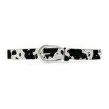 Black and white cow print calf hair leather belt with old silver buckle handcrafted in Los Angeles