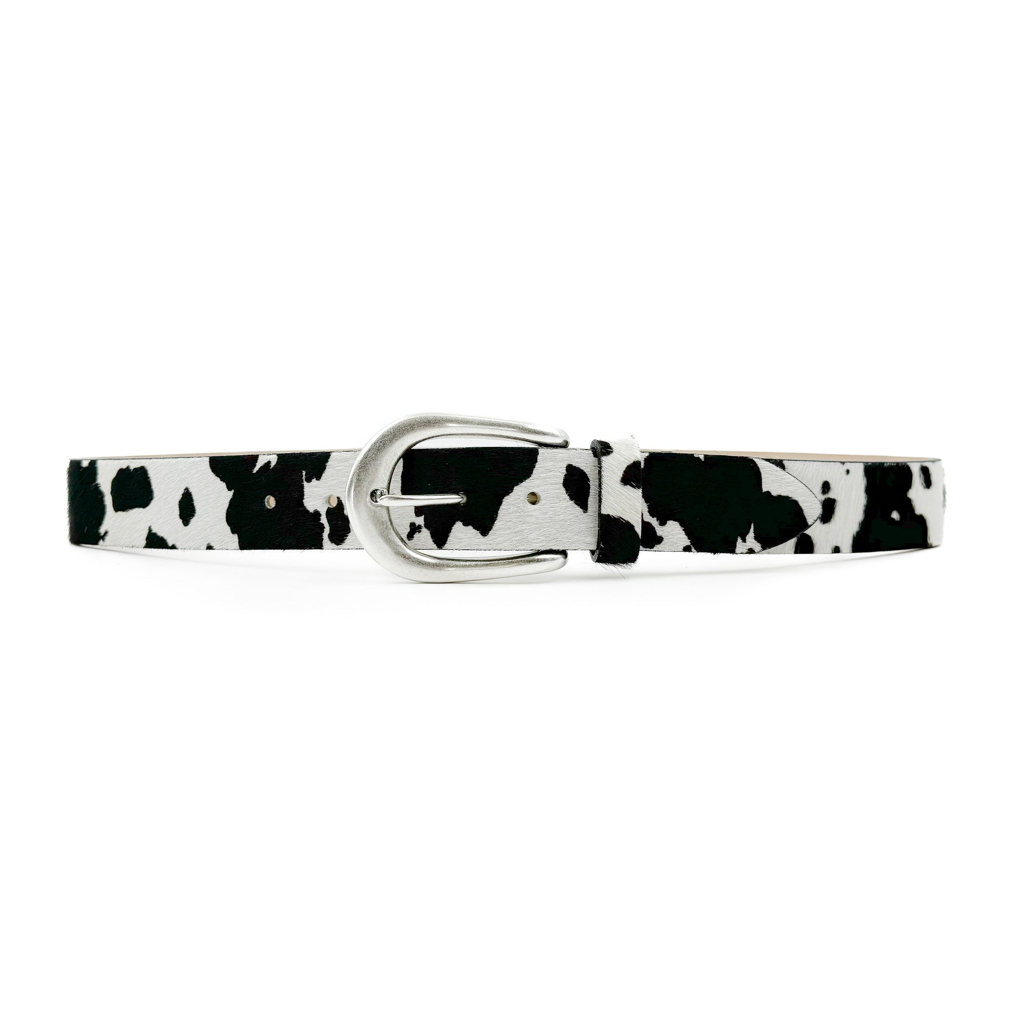 Black and white cow print calf hair leather belt with old silver buckle handcrafted in Los Angeles
