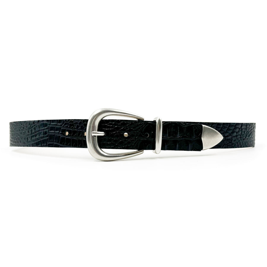 Harlow Belt – croc-embossed black Italian calfskin leather belt with silver-plated modern western three-piece buckle set, handcrafted in Los Angeles - Streets Ahead