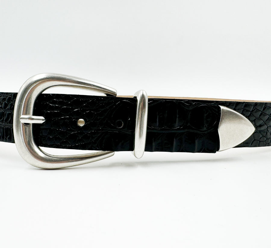 Harlow Belt – croc-embossed black Italian calfskin leather belt with silver-plated modern western three-piece buckle set, handcrafted in Los Angeles - Streets Ahead