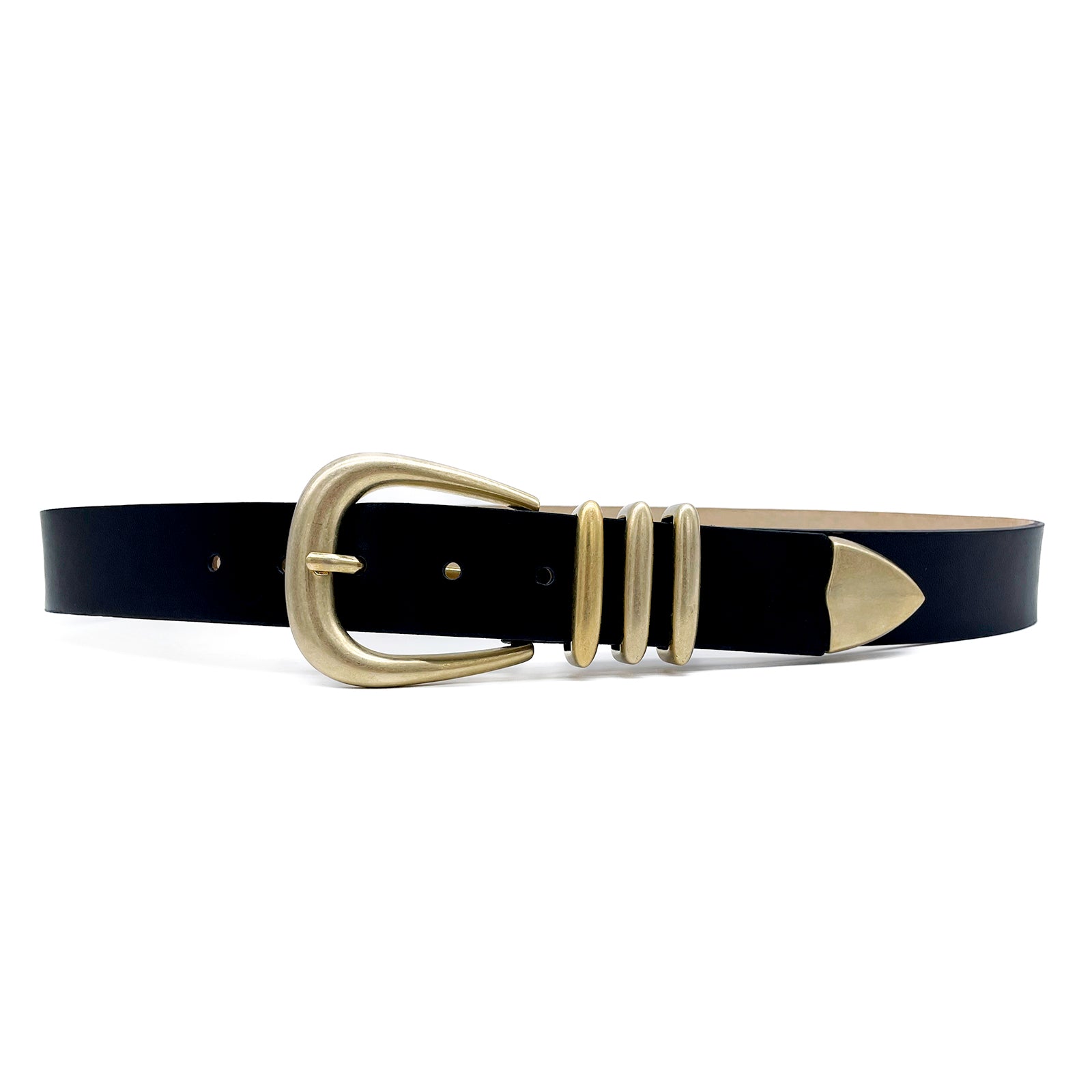 Kristen Belt in smooth black Italian leather with 24k light gold buckle set, Streets Ahead