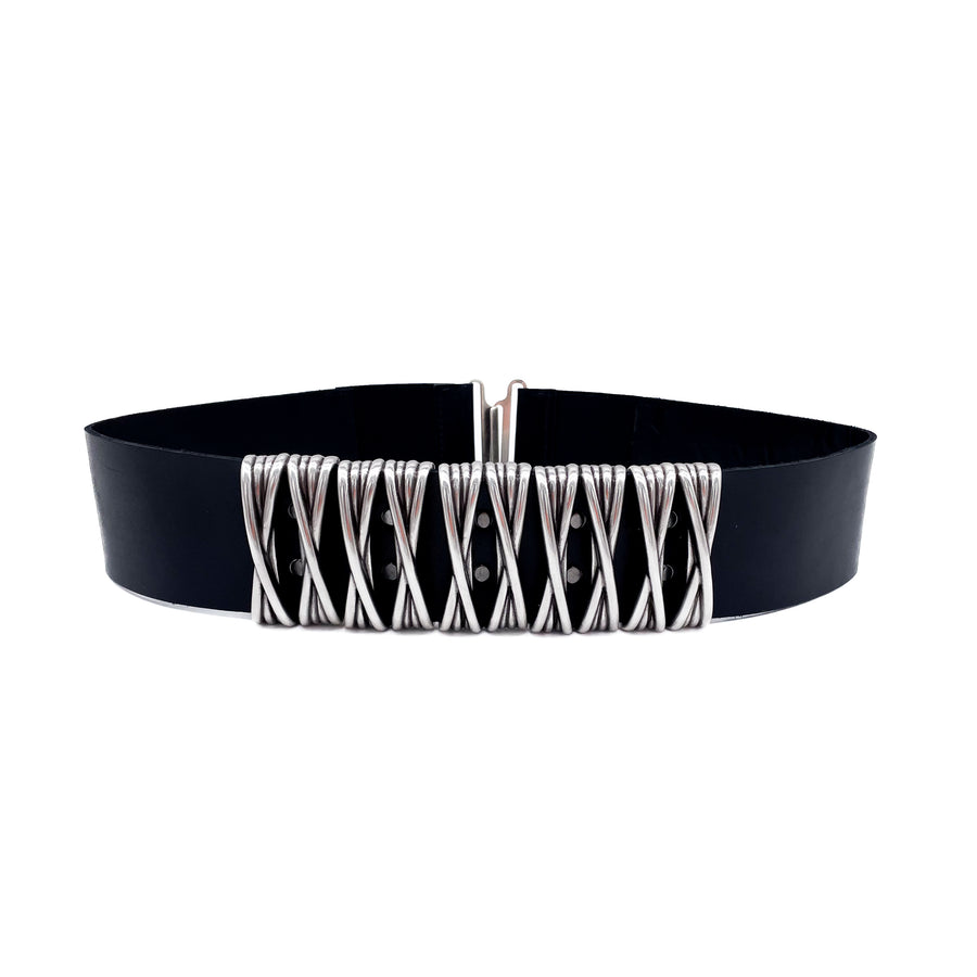 Front view of the XXX Belt in black Italian leather with bold silver interwoven hardware design.