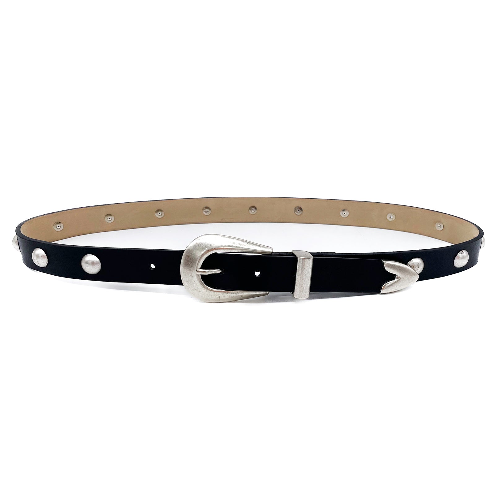 Streets Ahead Larkin Belt — black leather with silver grommets, handcrafted in Los Angeles