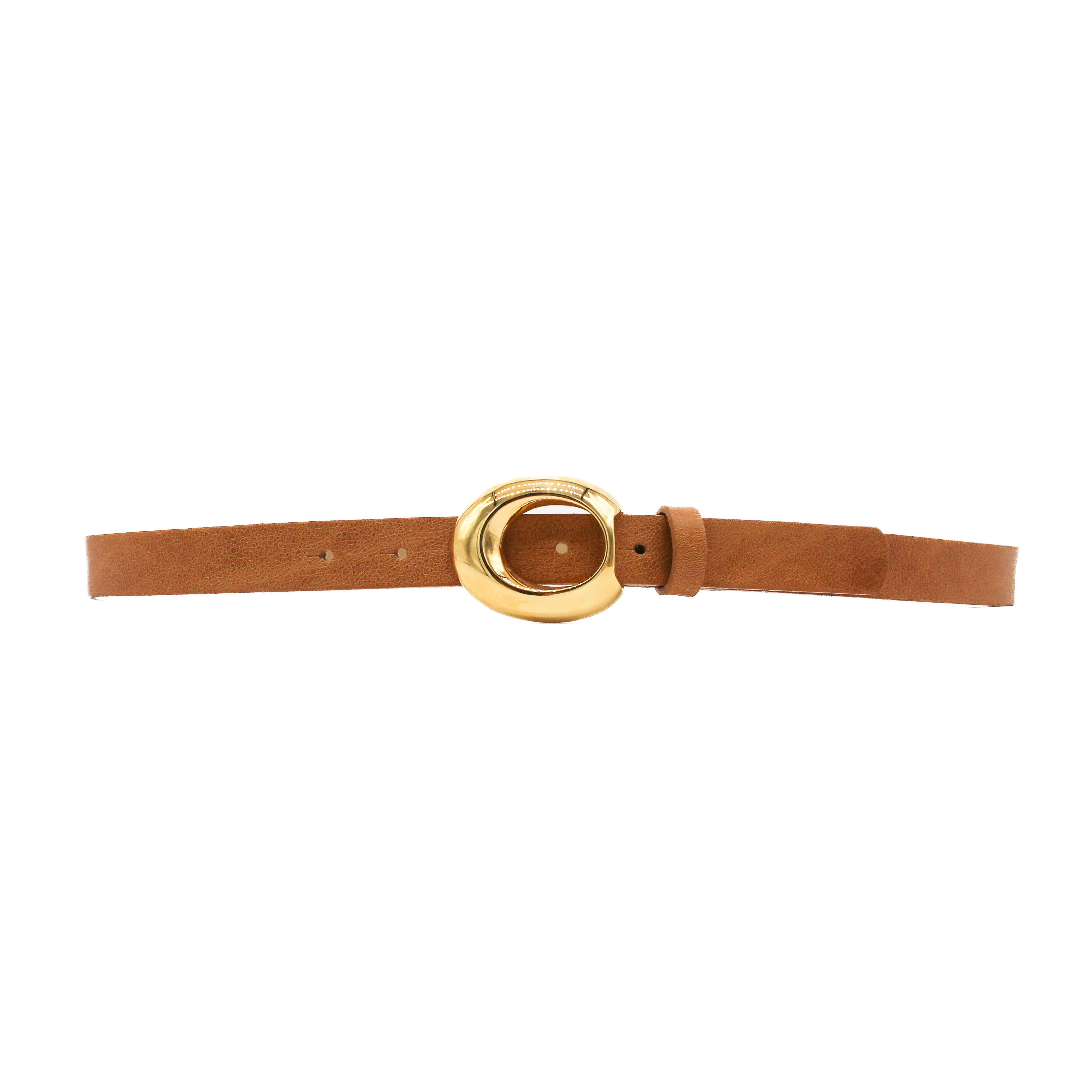 Aamira Belt in smooth tan Italian leather with circular gold prong buckle, Streets Ahead