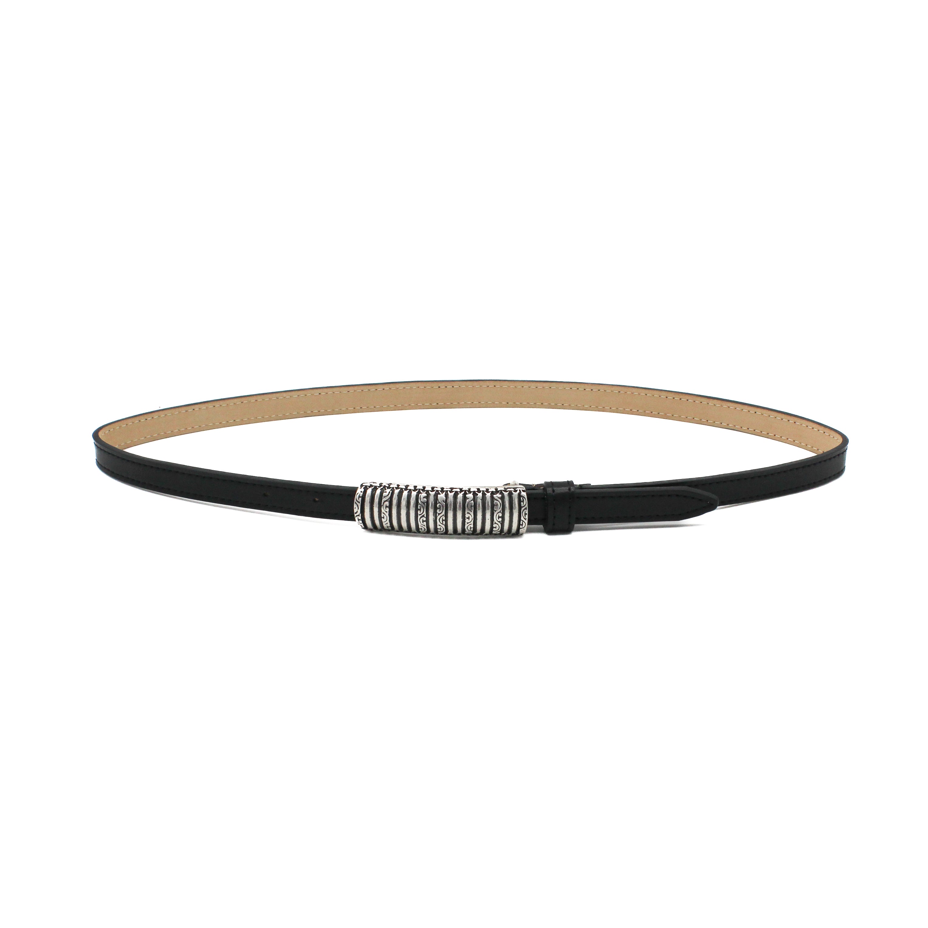 Raven Belt - Black Leather Narrow Belt Silver Ornate Buckle - Streets Ahead