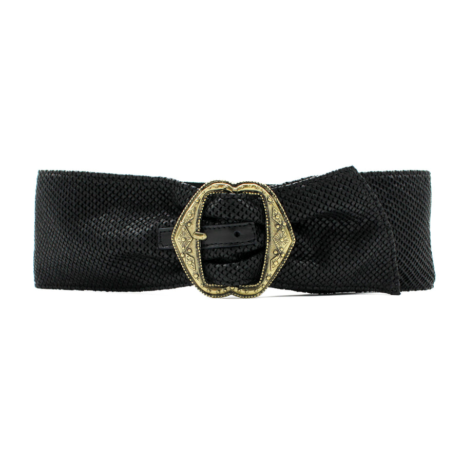 Lainey - Soft Sash Black Embossed Leather Waist Belt - Streets Ahead