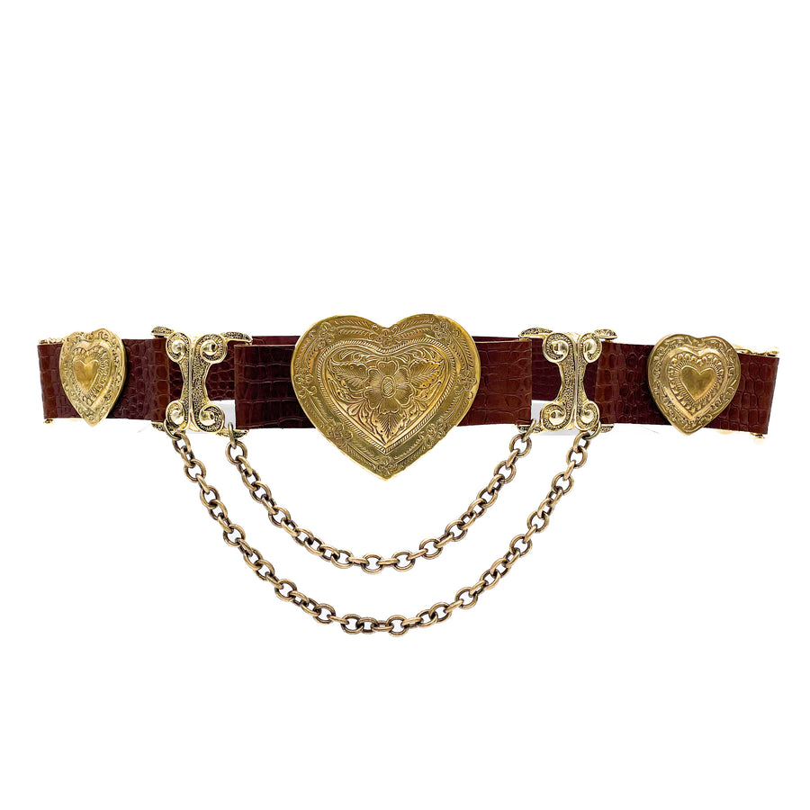 Bri Heart Belt - Brass Engraved Heart Hardware Cognac Leather 90's Style - Streets Ahead