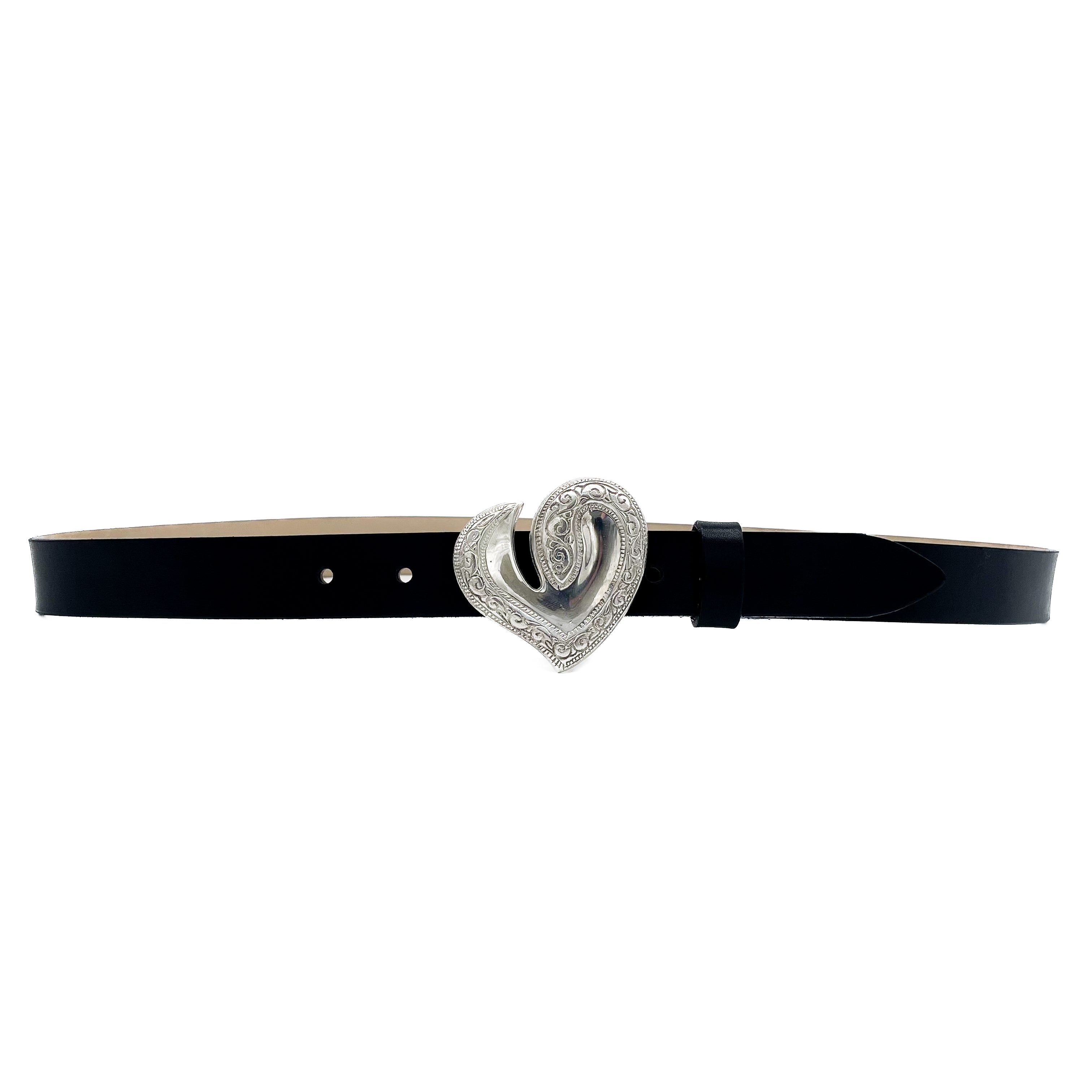 Mini Heart Belt in smooth black Italian leather with vintage engraved heart buckle, Streets Ahead