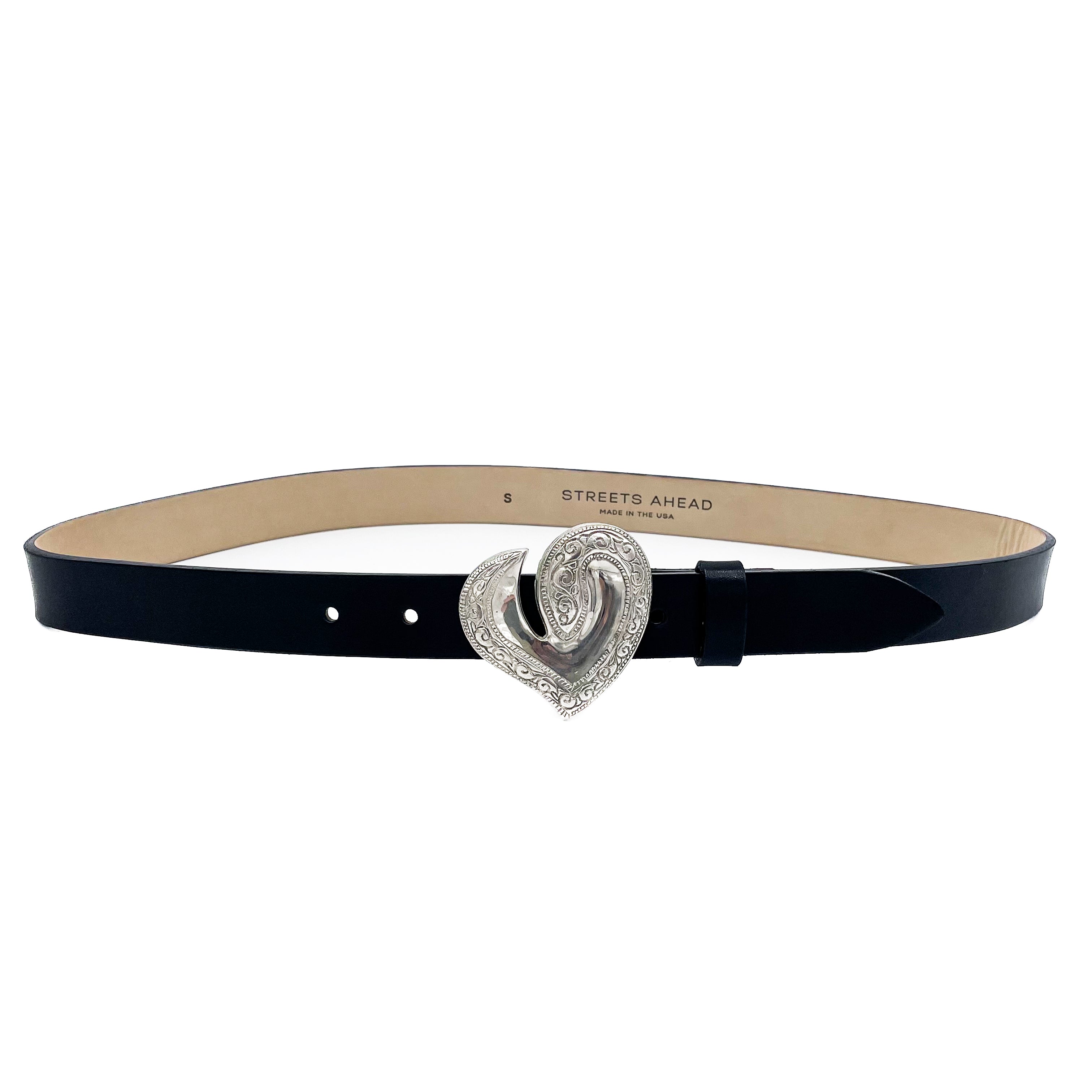 Streets Ahead Mini Heart Belt — black leather with vintage heart buckle, handcrafted in Los Angeles