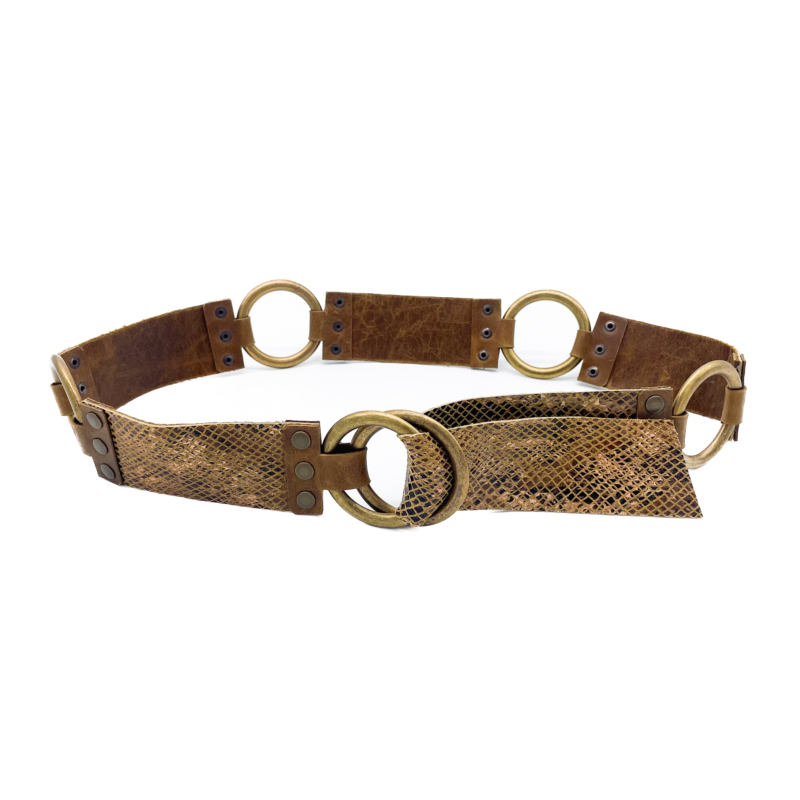 Mabel Belt in cognac snake-print Italian leather with brass ring connectors, Streets Ahead