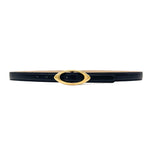 Felicity Belt - Narrow Black Feather Edge Leather Belt Gold Buckle - Streets Ahead