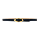 Felicity Belt - Narrow Black Feather Edge Leather Belt Gold Buckle - Streets Ahead