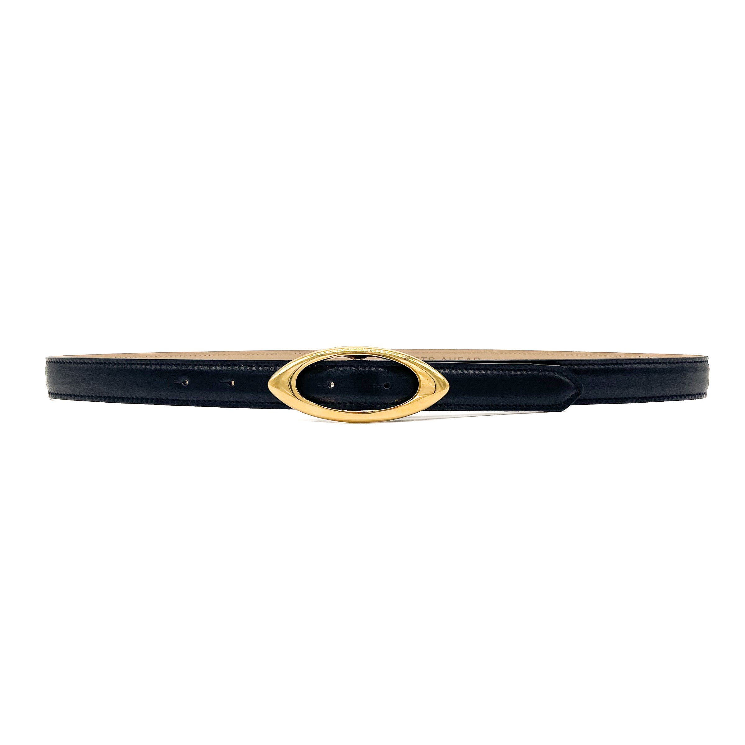 Felicity Belt - Narrow Black Feather Edge Leather Belt Gold Buckle - Streets Ahead