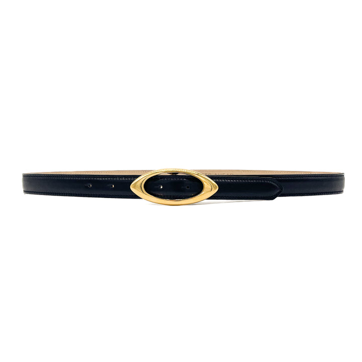 Felicity Belt - Narrow Black Feather Edge Leather Belt Gold Buckle - Streets Ahead