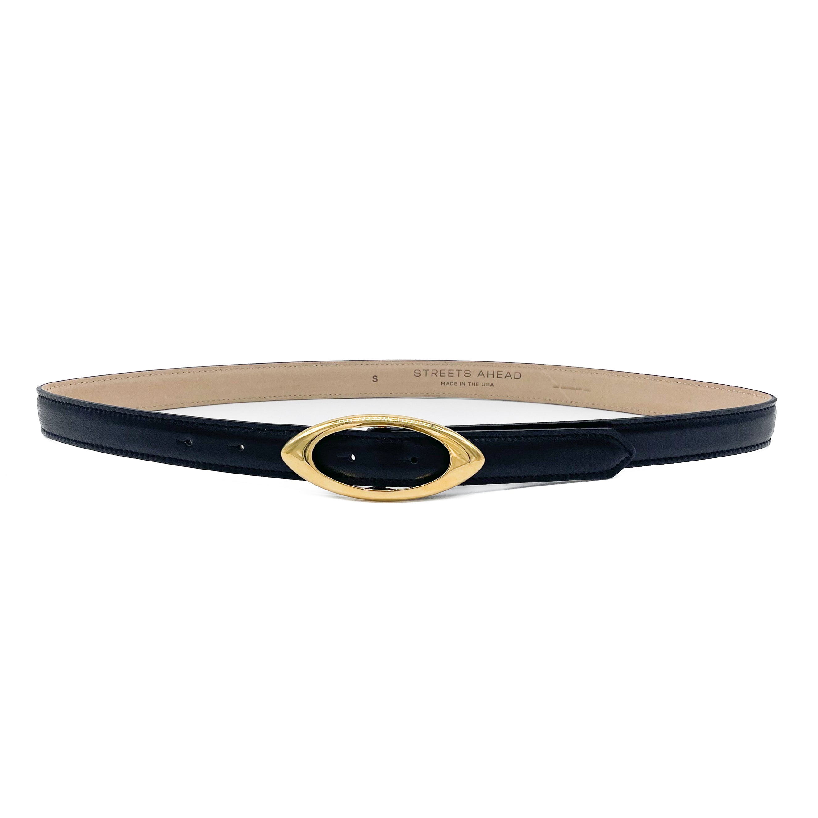 Streets Ahead Evra Belt — narrow black leather belt with feather edge, handcrafted in Los Angeles