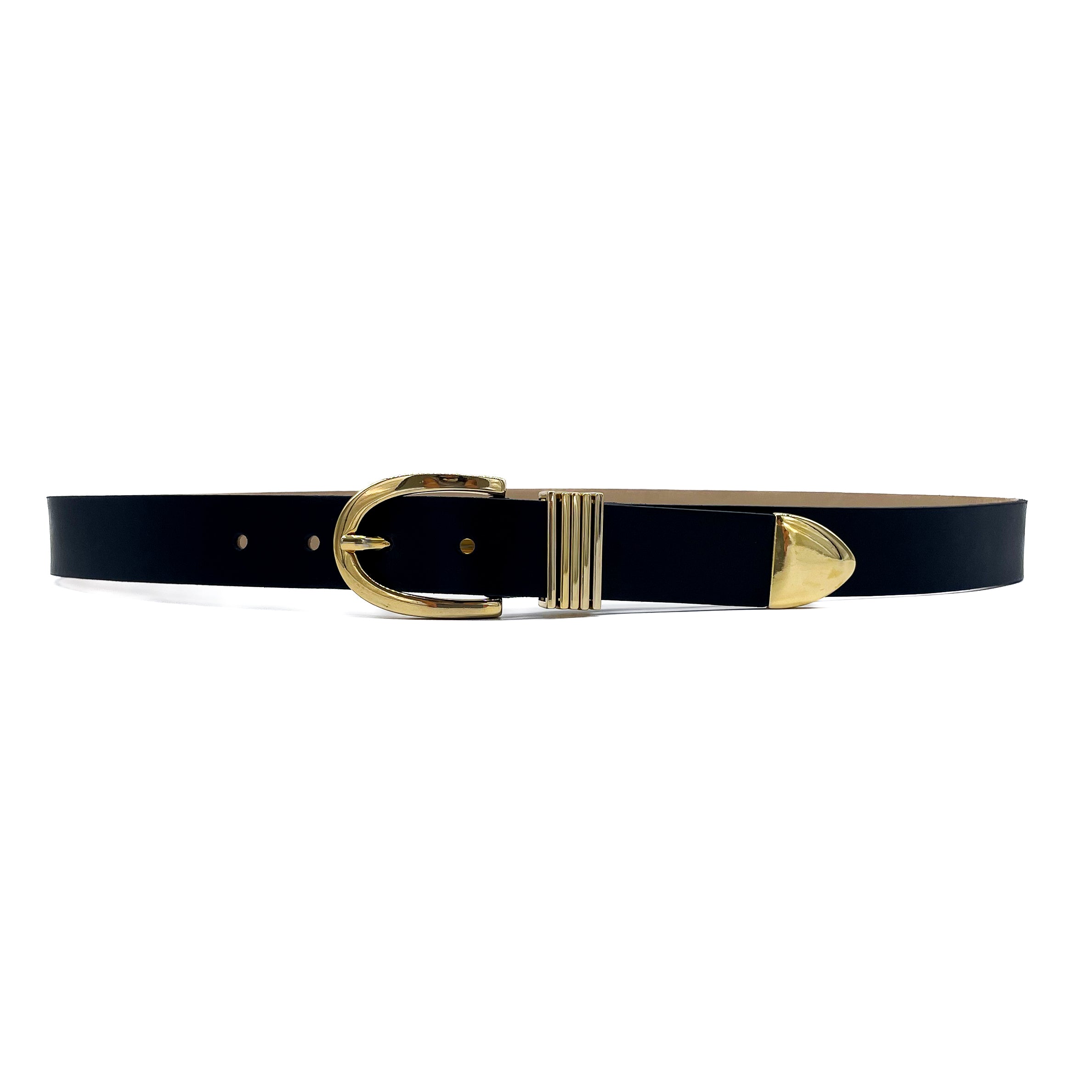 Romi Belt Gold in smooth black Italian leather with gold buckle and multi-loop, Streets Ahead