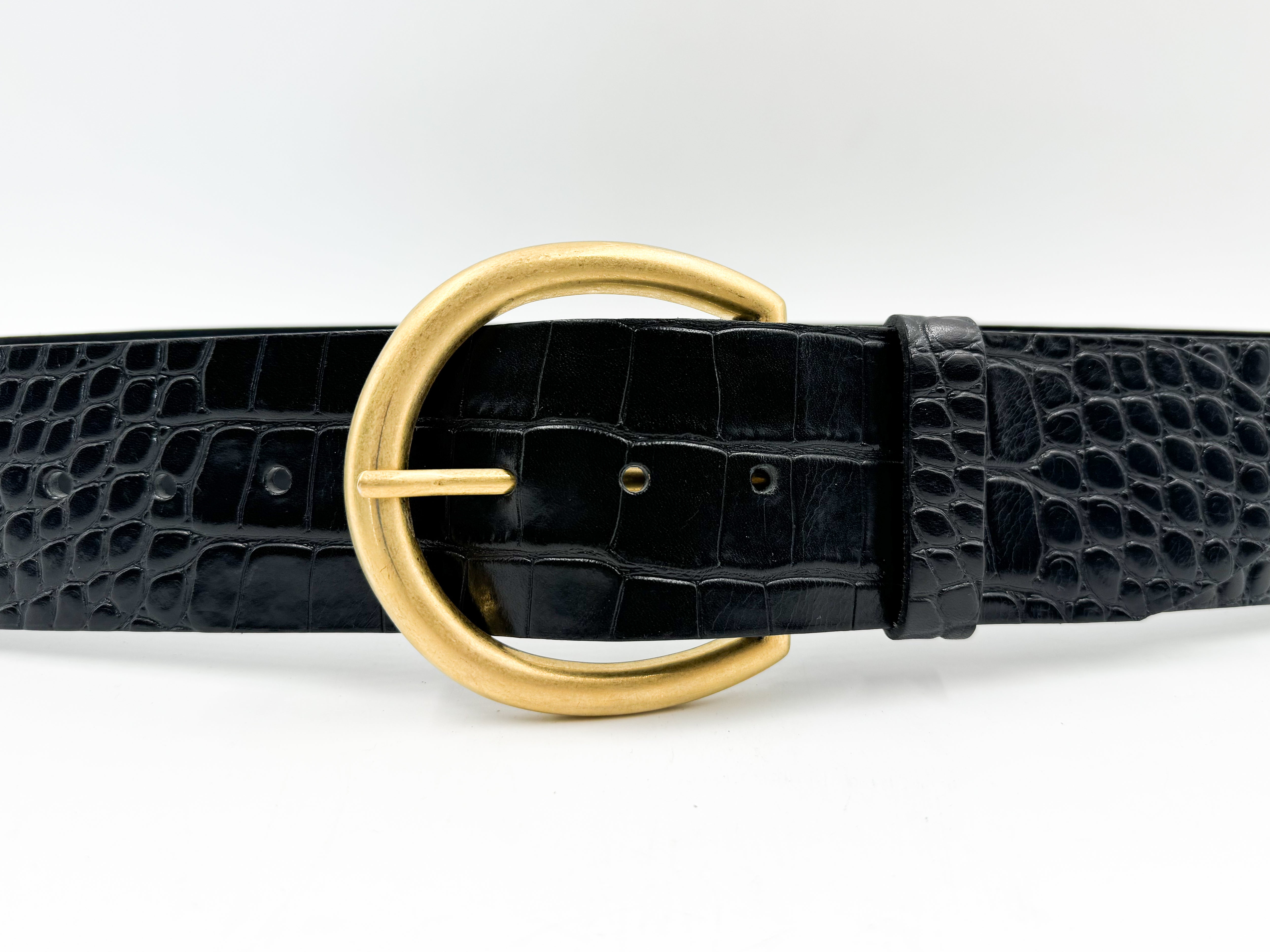 Cil Belt - Black Croc Embossed Wide Waist Italian Leather Belt Gold Buckle - Streets Ahead