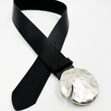 Ryan Belt - Chic Black Leather Belt Round Hammered Silver Prong Buckle - Streets Ahead