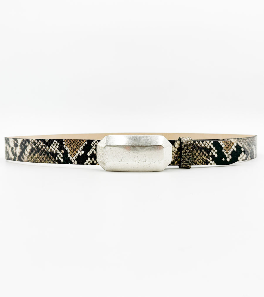 Maren Snake Print Belt – dark black and beige Italian snake-print calfskin leather belt with silver-plated geometric plaque buckle, handcrafted in Los Angeles - Streets Ahead