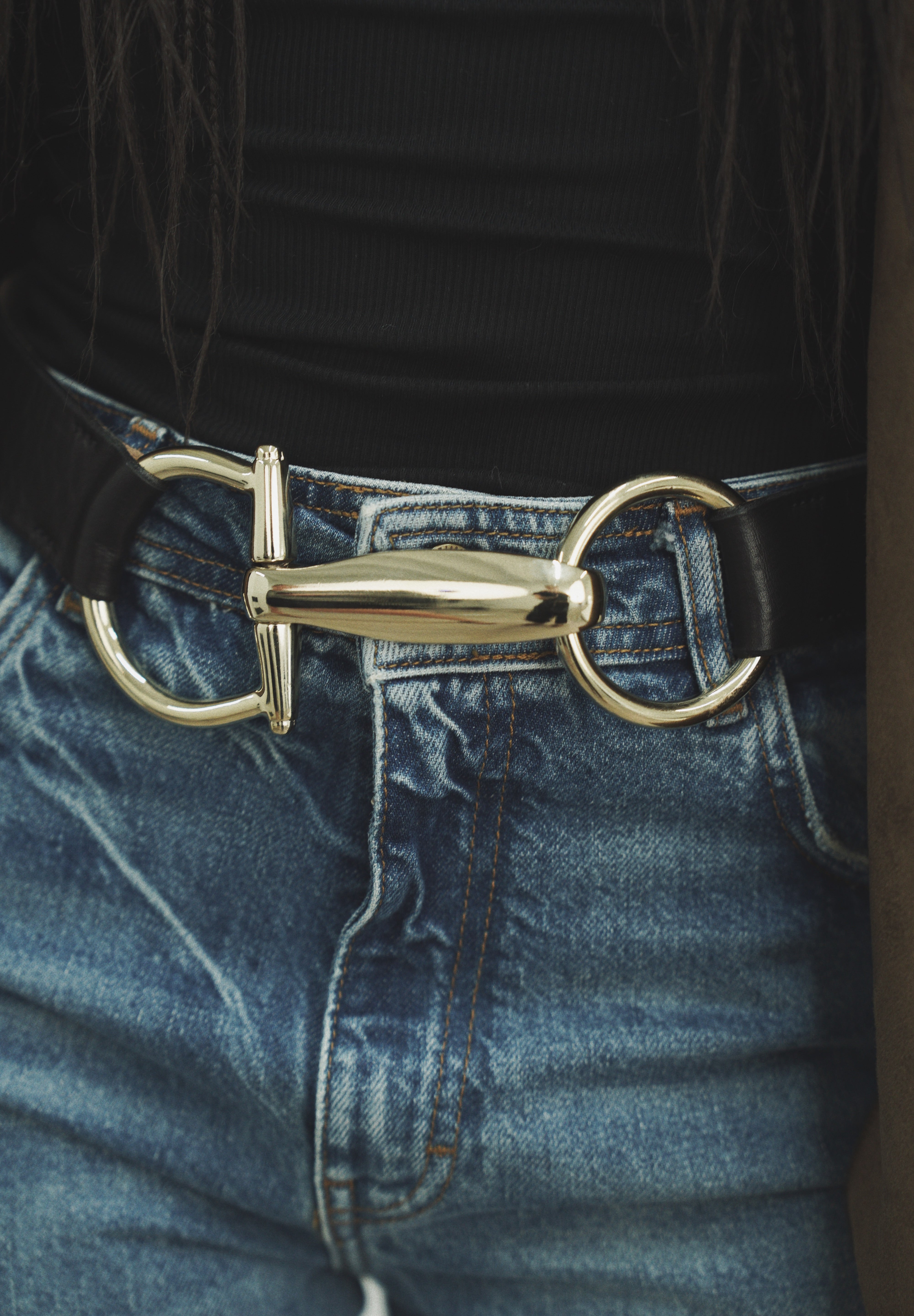 Clement Belt - Large Gold Statement Hook Closure Black Leather Belt - Streets Ahead