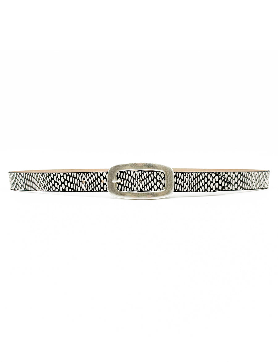 Selene Snake Print Belt – black-and-white Italian snake-print leather belt with antique silver center bar buckle, handcrafted in Los Angeles - Streets Ahead