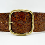 Marley Belt - Wide Waist Western Style Cognac Tooled Italian Leather Belt - Streets Ahead