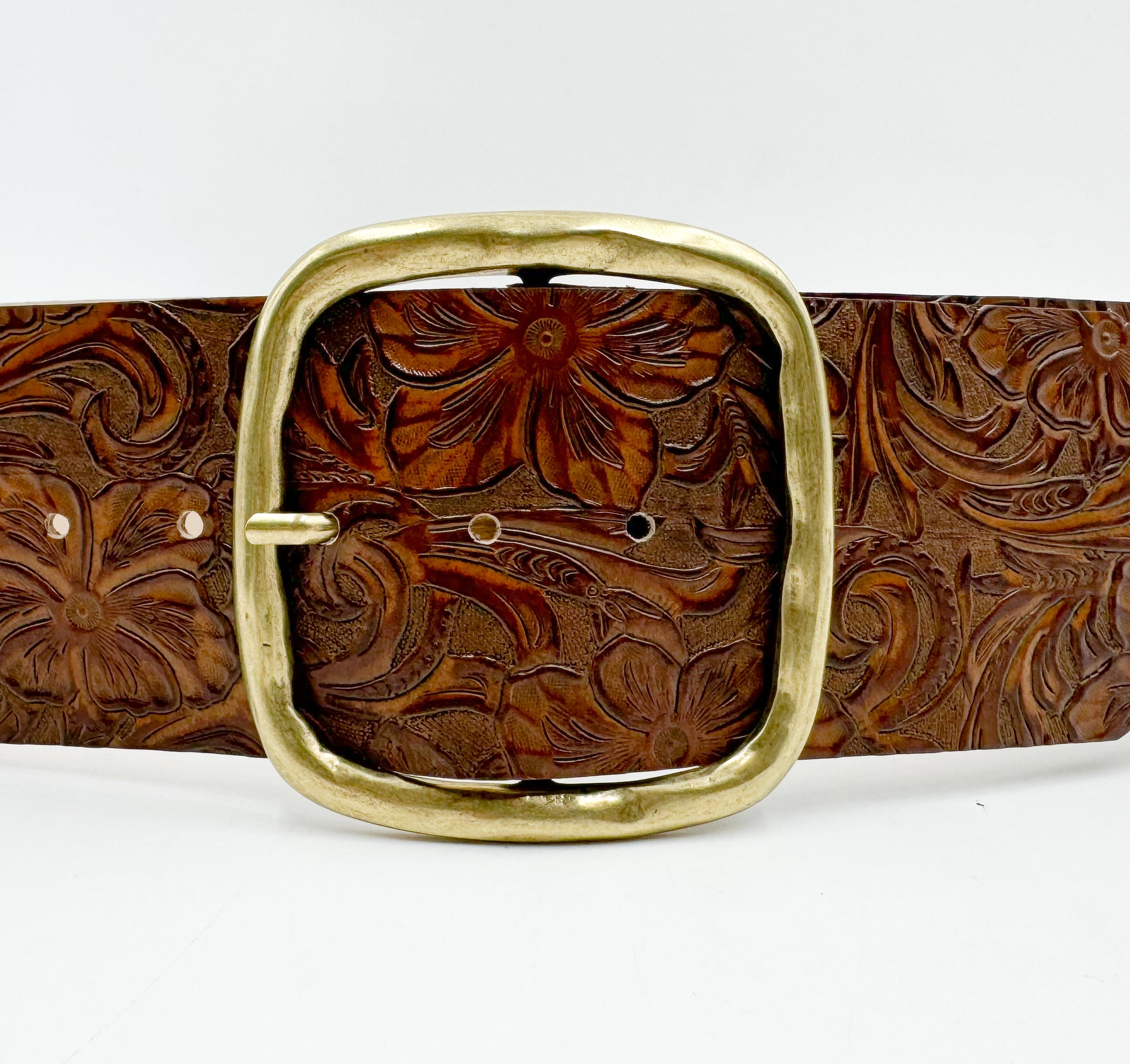 Marley Belt - Wide Waist Western Style Cognac Tooled Italian Leather Belt - Streets Ahead