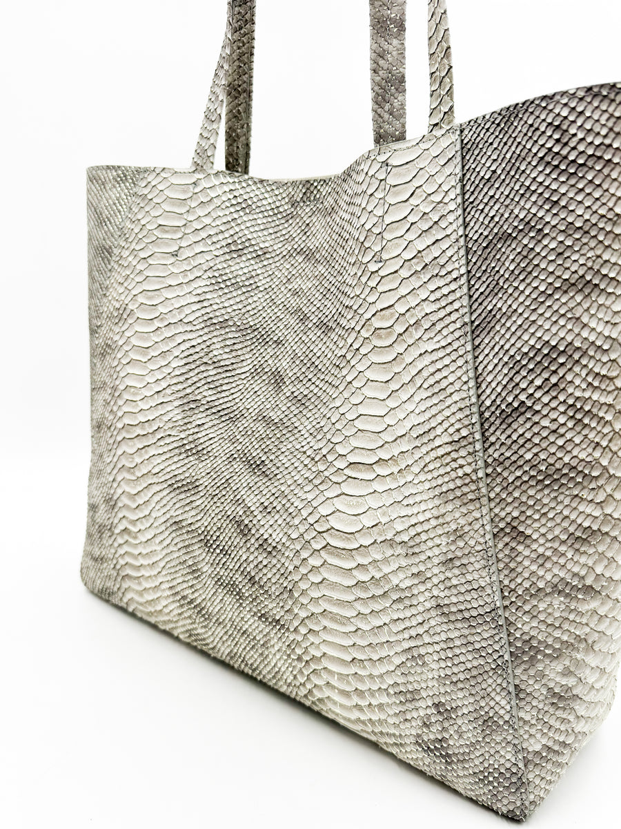 Yara Tote - Genuine Italian Calfskin Grey Python Print Leather Handbag - Streets Ahead