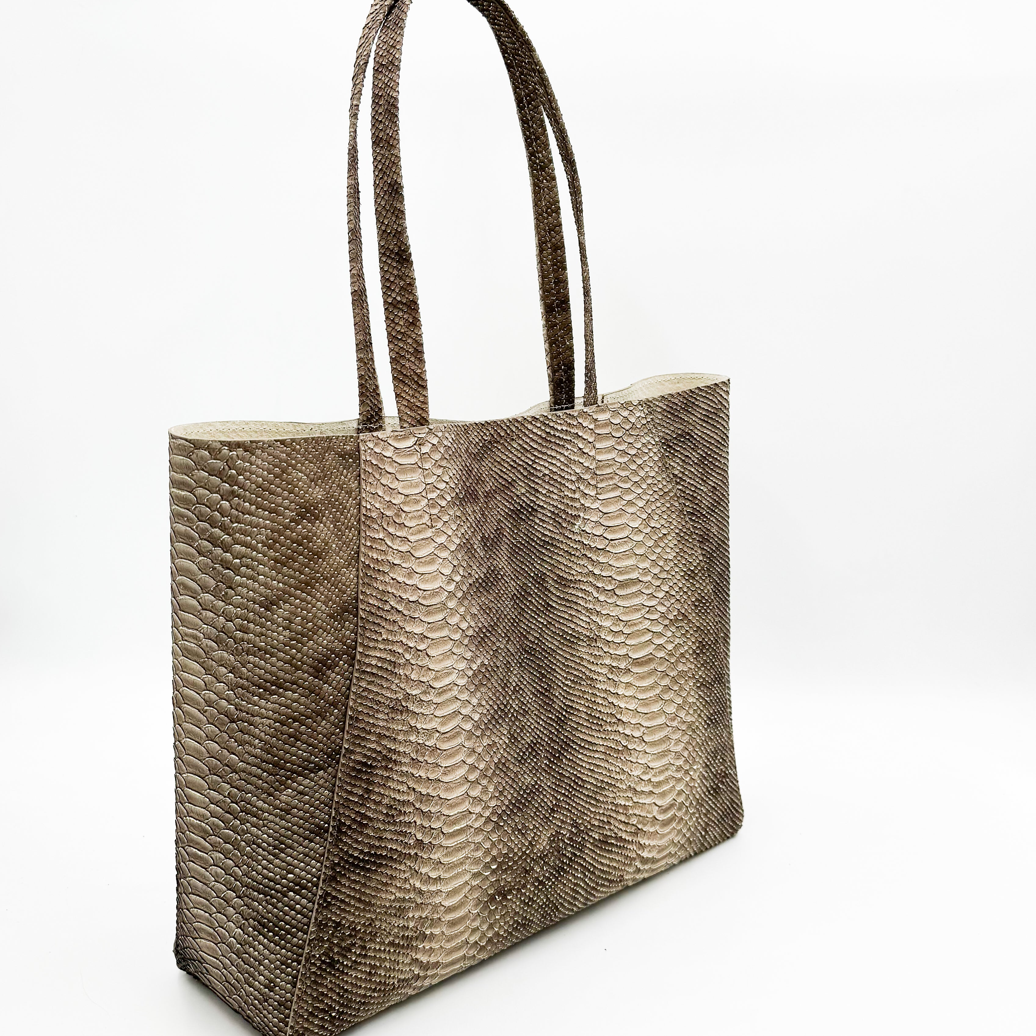 Yara Tote - Taupe Python Print Leather Handbag - Streets Ahead