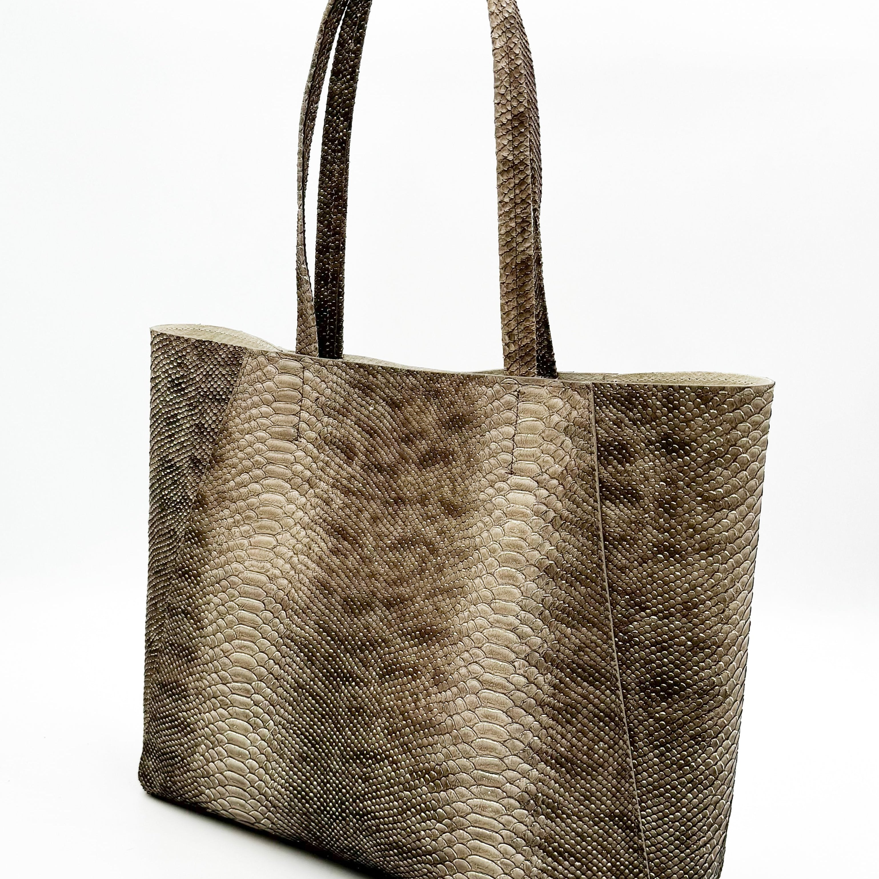 Yara Tote - Taupe Python Print Leather Handbag - Streets Ahead