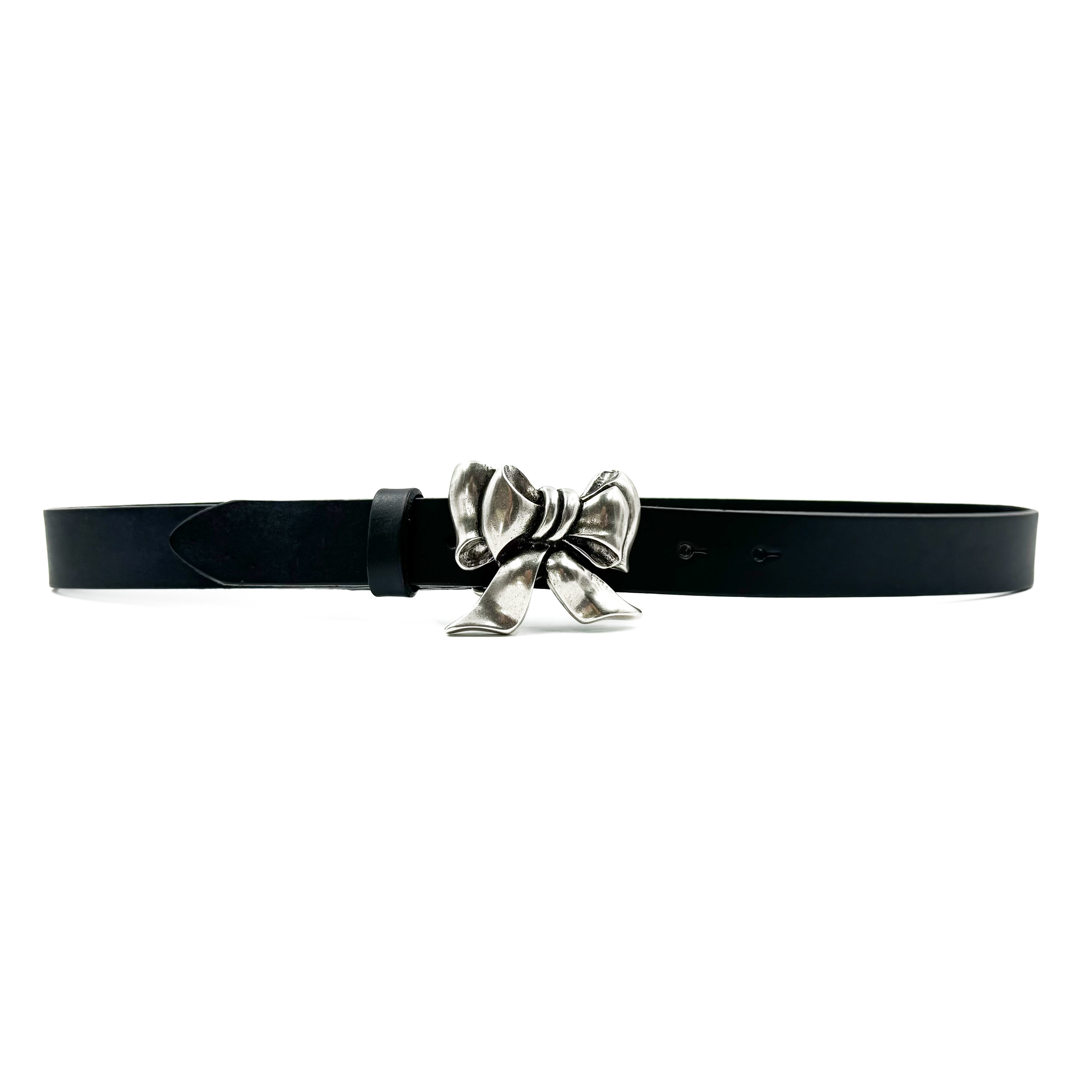Bowie Belt - Bow Buckle Narrow Black Leather Belt - Streets Ahead