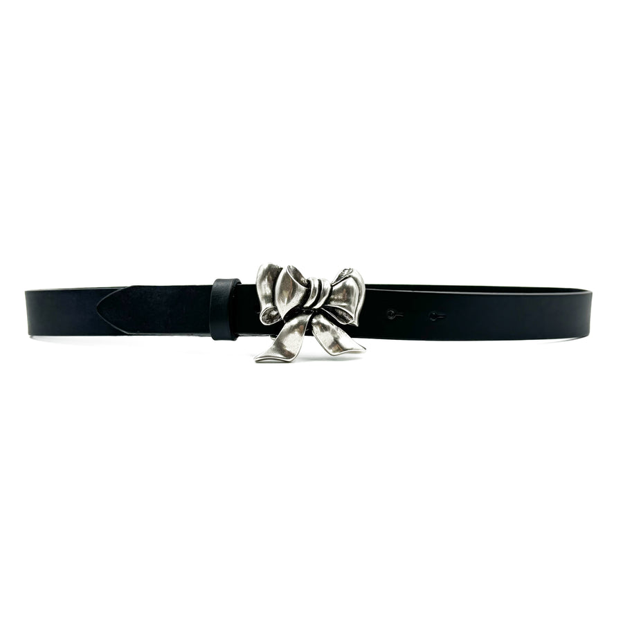 Bowie Belt - Bow Buckle Narrow Black Leather Belt - Streets Ahead