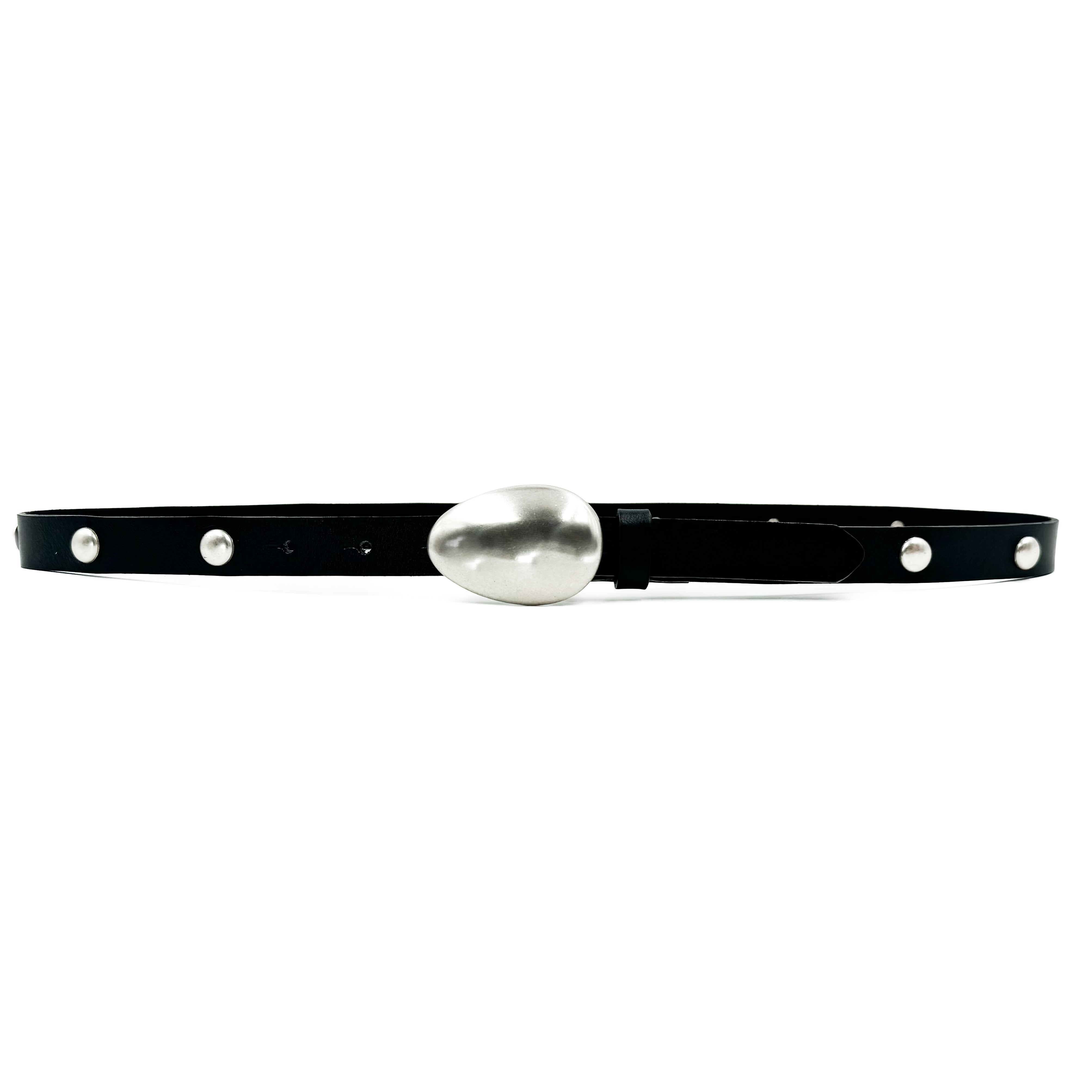 Vera Belt - Silver Bean Buckle Black Leather Narrow Belt - Streets Ahead