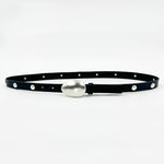 Vera Belt - Silver Bean Buckle Black Leather Narrow Belt - Streets Ahead