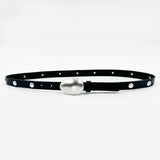 Vera Belt - Silver Bean Buckle Black Leather Narrow Belt - Streets Ahead