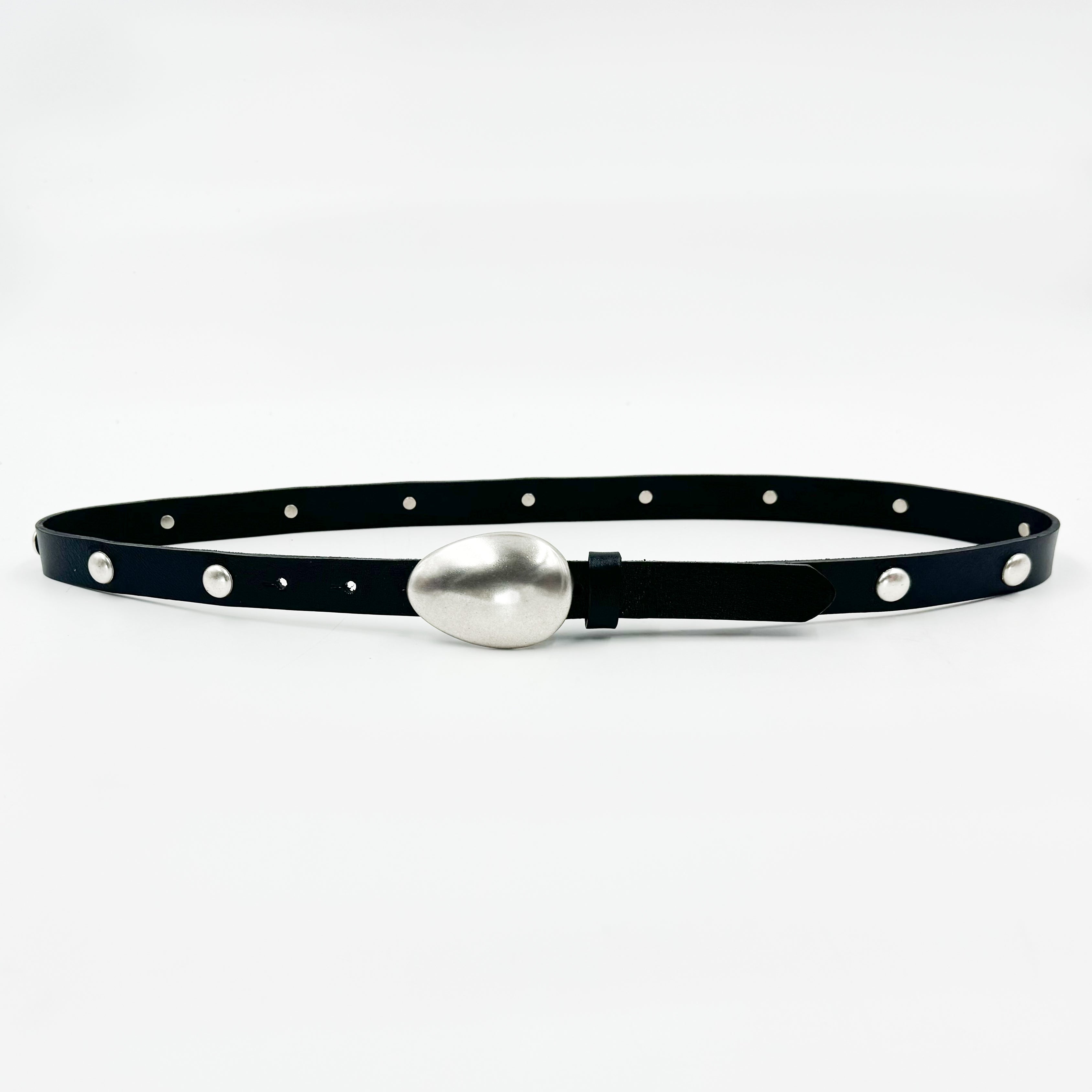 Vera Belt - Silver Bean Buckle Black Leather Narrow Belt - Streets Ahead