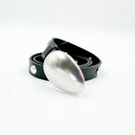 Vera Belt - Silver Bean Buckle Black Leather Narrow Belt - Streets Ahead