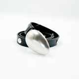 Vera Belt - Silver Bean Buckle Black Leather Narrow Belt - Streets Ahead